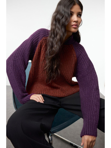 Trendyol Plum Color Block Zippered Knitwear Sweater