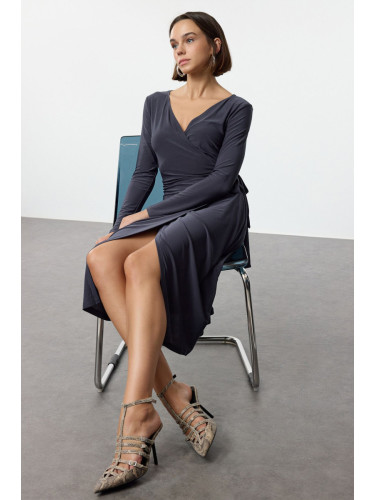 Trendyol Anthracite Double-breasted Belted Fitted/Fits Midi Knit Dress