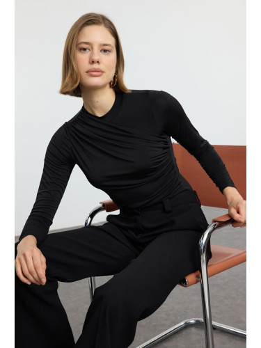 Trendyol Black Gathered/Draped Detailed Fitted/Body-Smoothing Long Sleeve Flexible Knitted Blouse