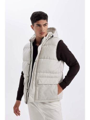 DEFACTO Men's Beige Water Repellent Regular Fit Normal Cut Detachable Hooded Zippered Pocket Puffer Vest