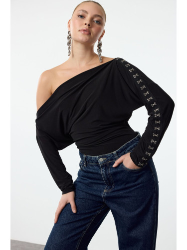 Trendyol Black Boat Neck Hook Detailed Knitted Blouse