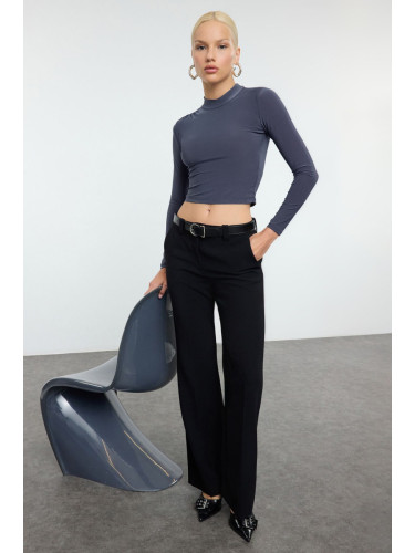 Trendyol Dark Gray Sleeve Gather Detailed Fitted High Collar Crop Stretchy Knitted Blouse