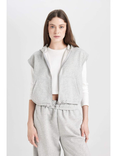 DEFACTO Back To School Coool Loose Fit Basic Plain Kangaroo Pocket Sleeveless Grey Zipper Sweatshirt Cardigan