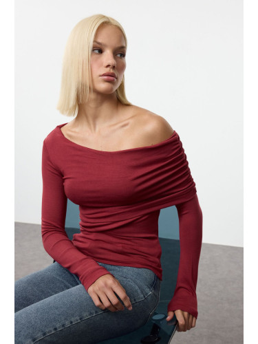 Trendyol Claret Red Asymmetric Collar Fitted/Fits Body Flexible Knitted Blouse