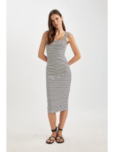 DEFACTO Bodycon Square Neck Striped Ribbed Camisole Strappy Midi Dress