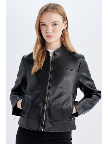 DEFACTO Regular Fit Zippered Pocket Black Faux Leather Jacket