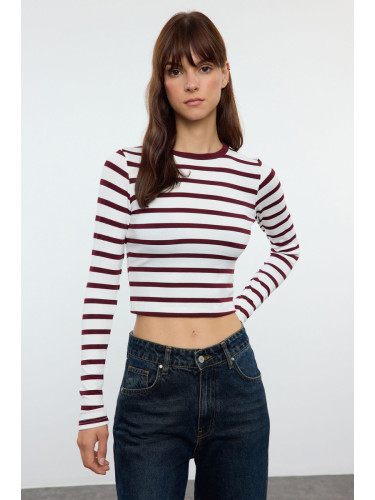 Trendyol Burgundy Striped Premium Viscose Soft Fabric Fitted Crop Stretchy Knitted Blouse