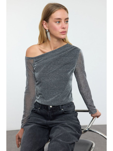 Trendyol Gray Asymmetric Collar Glittery Knitted Blouse