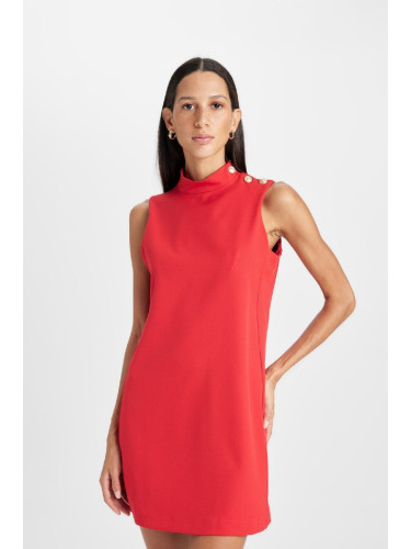 DEFACTO Half Turtleneck Basic Plain Button Detail Sleeveless Mini Red Dress