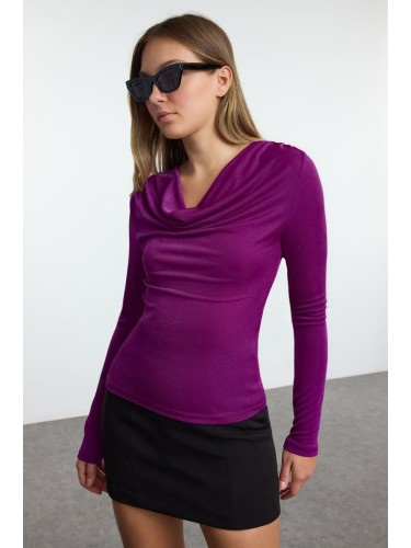 Trendyol Purple Cowl Neck Body-Smoothing Flexible Long Sleeve Buzzy Knitted Blouse