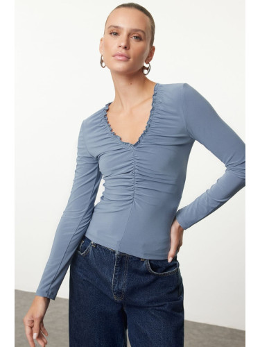 Trendyol Indigo Ruffle/Drape Detailed V-Neck Fitted Flexible Knitted Blouse