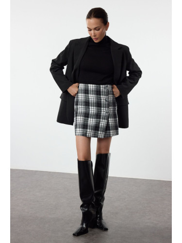 Trendyol Anthracite Double Breasted Plaid Patterned Mini Woven Skirt