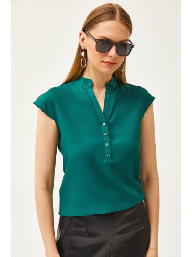 Olalook Women's Emerald Green V-Neck 4 Button Viscose Blouse