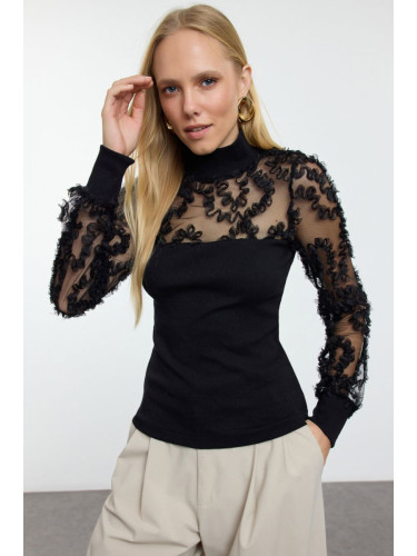 Trendyol Black*001 Tulle Garni Detailed Fitted/Full Neck Ribbed Flexible Knitted Blouse