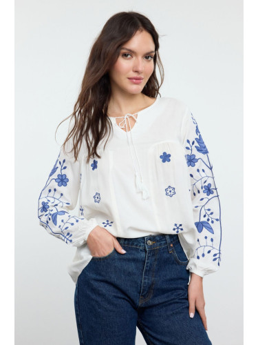 Trendyol White Embroidered Neck Tie Detailed Woven Blouse