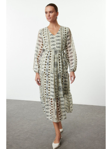 Trendyol Green Belted Ethnic A-Line Maxi Woven Winter Dress