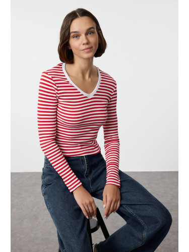 Trendyol Red Striped Corded V-Neck Fitted Long Sleeve Crop Stretchy Knitted Blouse