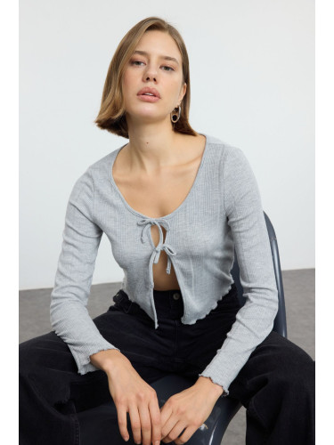 Trendyol Grey Tie Detailed Fitted/Fits on Body Flexible Knitted Blouse