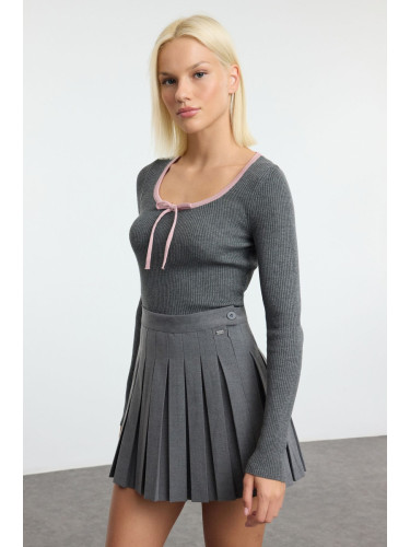 Trendyol Gray Premium Yarn/Special Yarn Ribbon/Bow Detailed Knitwear Sweater