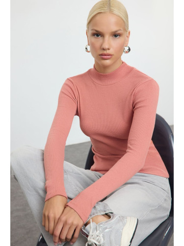 Trendyol Pink Fitted High Neck Long Sleeve Ribbed Stretchy Knitted Blouse