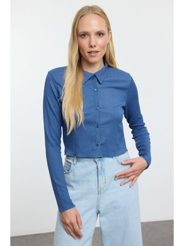 Trendyol Indigo Buttoned Fitted Polo Neck Ruffle/Textured Crop Knitted Blouse