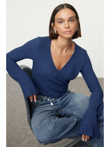 Trendyol Dark Indigo Textured Fitted Double Breasted Closure Flexible Knitted Blouse