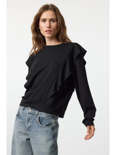 Trendyol Black Ruffle Detailed Relaxed Knitted Sweatshirt