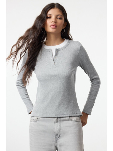 Trendyol Grey Regular/Normal Pattern Snap Fastener Long Sleeve Ribbed Flexible Knit Blouse