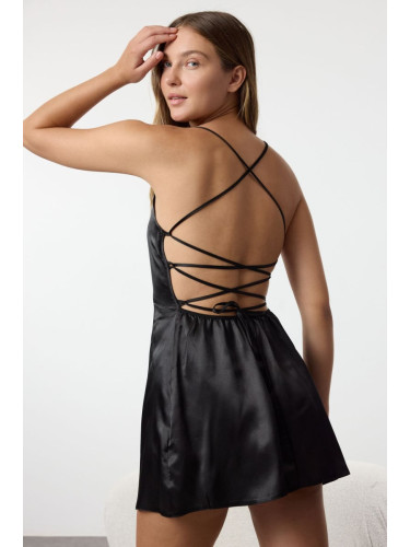 Trendyol Black Back Tie Detailed Rope Strap Satin Woven Nightgown