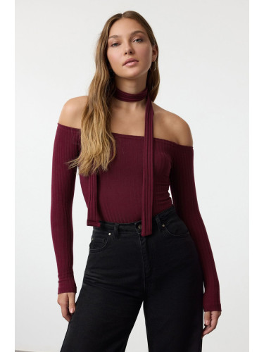 Trendyol Claret Red Corduroy Carmen Collar Shawl Detailed Fitted/Fits Crop Flexible Knitted Blouse