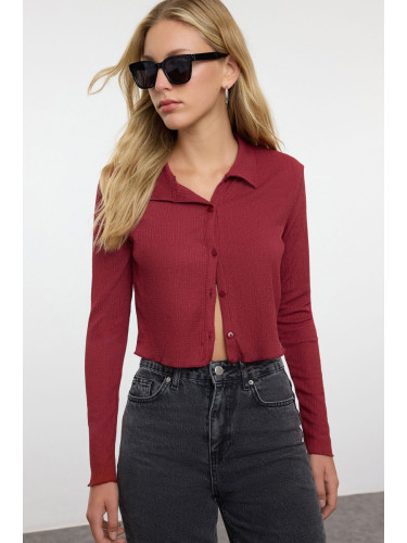 Trendyol Burgundy Buttoned Fitted Polo Neck Wrap/Textured Crop Knitted Blouse