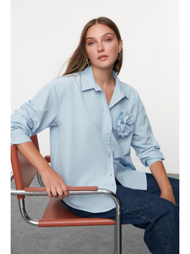 Trendyol Light Blue Oversize Wide Fit Shirt with Rose Detail on the Front