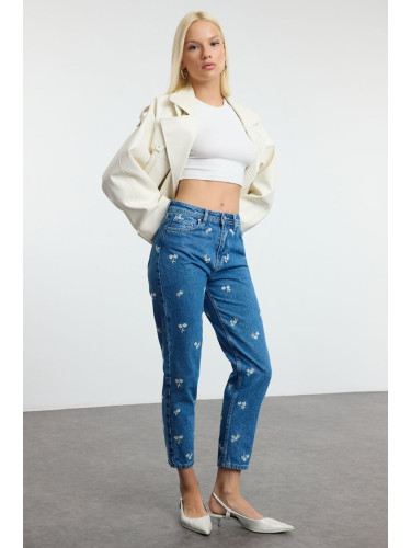 Trendyol Blue Floral Embroidered High Waist Mom Jeans