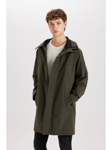 DEFACTO Men's Khaki Water Repellent Regular Fit Normal Cut Hooded Zippered Pocket Long Raincoat Coat