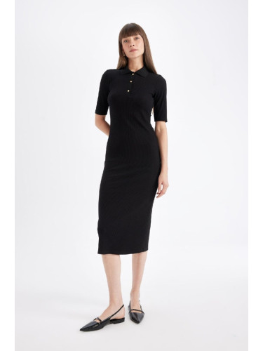 DEFACTO Polo Collar Short Sleeve Slit Bodycon Midi Knit Dress