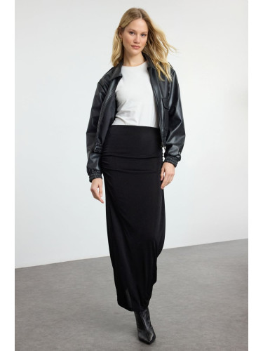 Trendyol Black Premium Shiny Surface and Soft Texture Draped Maxi Knit Skirt