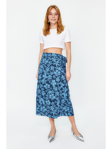 Trendyol Blue Floral Patterned Double Breasted Viscose Fabric Midi Length Woven Skirt