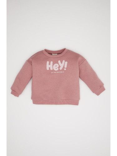 DEFACTO Baby Girl Text Printed Thick Pink Sweatshirt with Soft Fluffy Inside