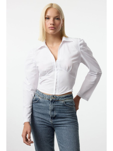 Trendyol White Gathered Fitted Waist Woven Shirt