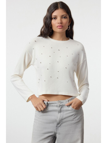 Trendyol White Soft Stone Detailed Flexible Knitted Blouse