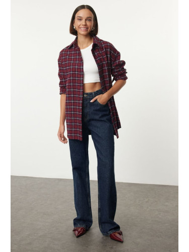 Trendyol Burgundy Plaid Patterned Oversize Wide Pattern Woven Shirt