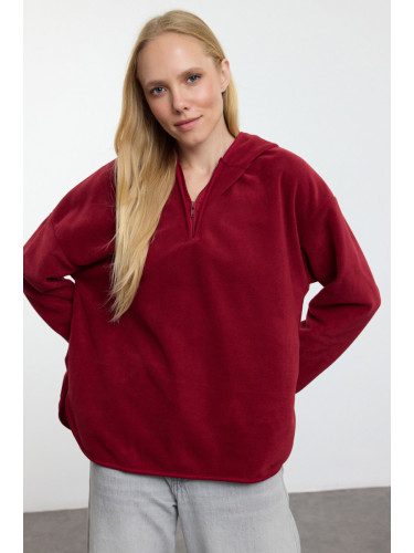 Trendyol Claret Red Thick Fleece Hooded and Zippered Oversize/Wide Fit Knitted Sweatshirt