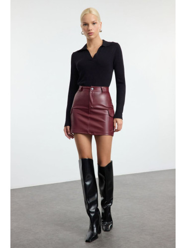 Trendyol Burgundy Faux Leather Cargo Pocket High Waist Fitted Mini Knitted Skirt