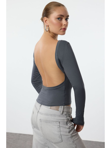 Trendyol Anthracite Deep Backless Fitted Cotton Stretchy Knitted Blouse