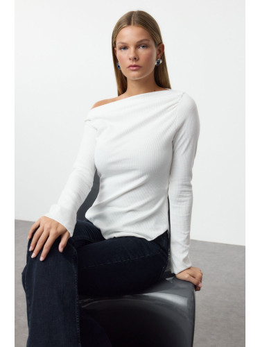 Trendyol Ecru Draped Boat Neck Asymmetric Flexible Knitted Blouse