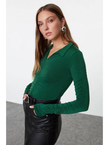 Trendyol Emerald Green Slim Gathered Polo Neck Stretchy Knitted Blouse