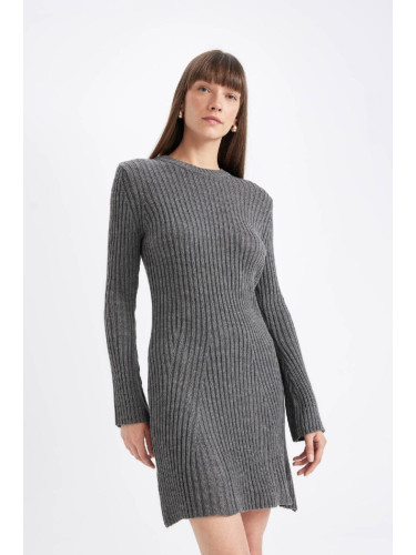 DEFACTO A Cut Crew Neck Long Sleeve Mini Knit Dress