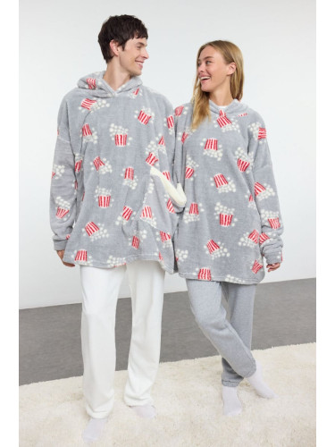 Trendyol Unisex Couple/Pair Gray Printed Wellsoft Winter Knitted Dressing Gown