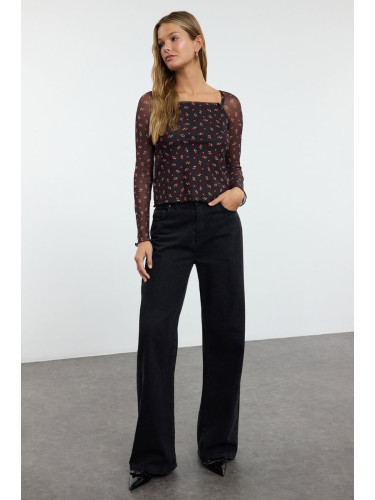 Trendyol Black Cherry Printed and Bow Detailed Square Neck Knitted Blouse