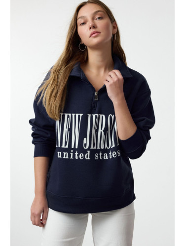 Trendyol Navy Blue Oversize Thick Polar Fleece Inside Slogan Printed Zippered Knitted Sweatshirt